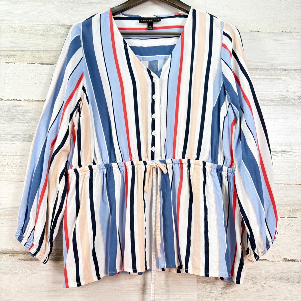 Lane Bryant Size 16 Striped Peplum Blouse Button Front Drawstring Waist Blue Red
